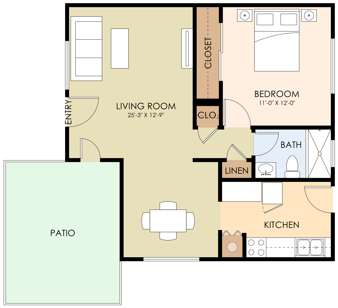 Floor plan for 1 bed, 1 bath, 700 sqft